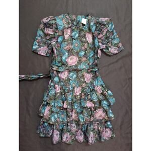 Vintage 1980s Drop Waist Ruffle Skirt Shoulder Pad Short Sleeve Dress